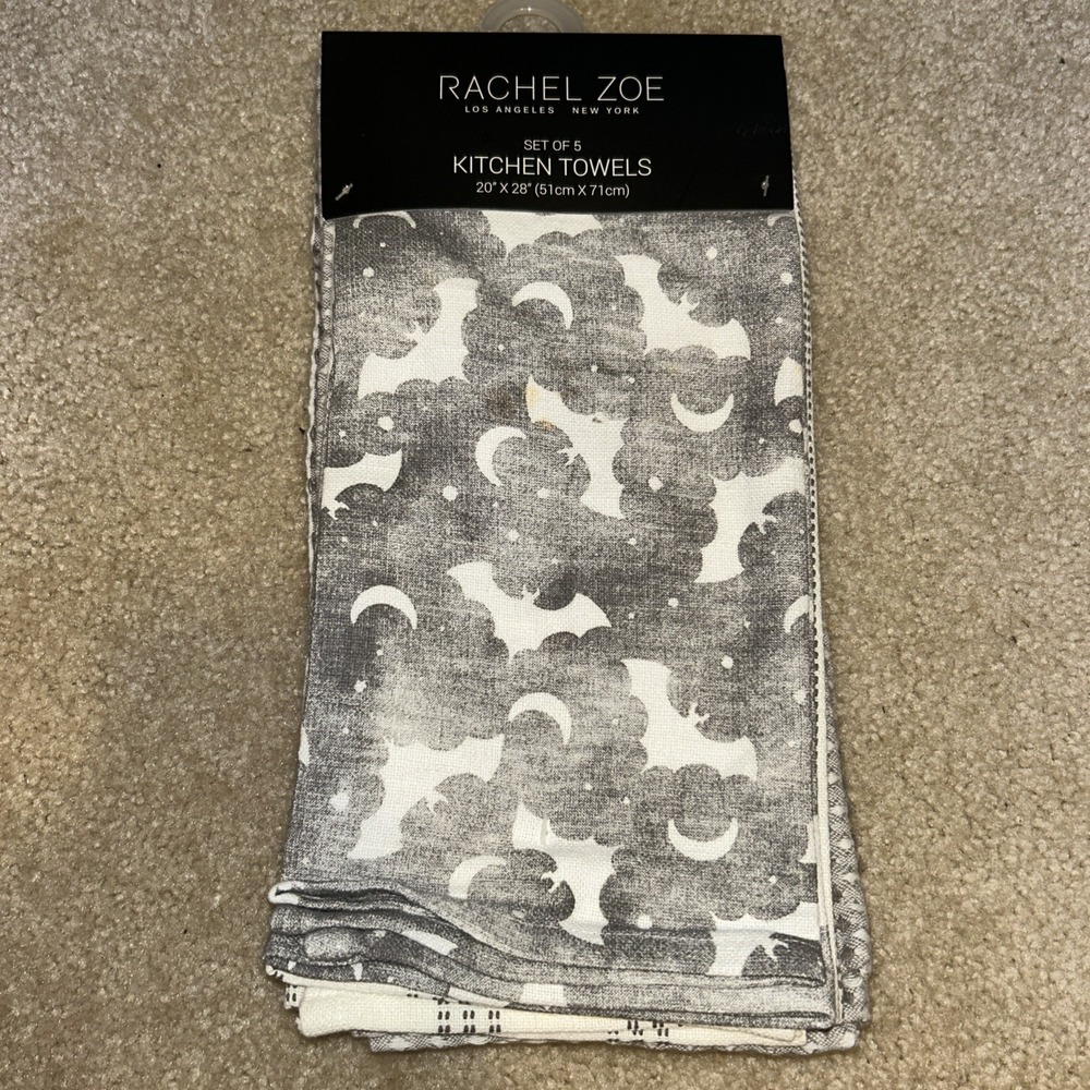 Rachel Zoe Halloween 🎃 Bats 5-pack Waffle Weave Kitchen Towels Stripes Checked
